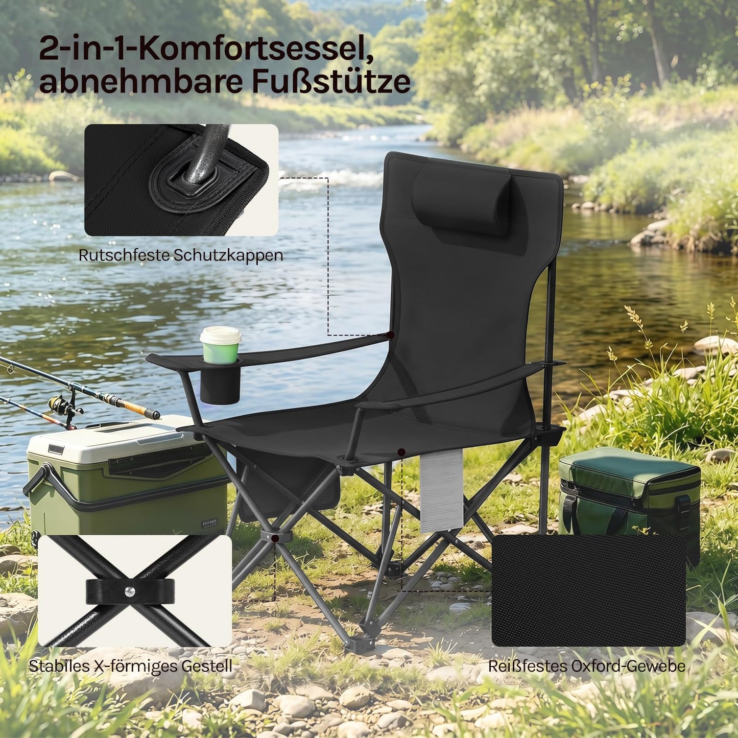 Lot de 2 chaises de camping WOLTU 2-en-1 - chaise de pêche pliable avec repose-pieds - porte-gobelet - gris, noir, bleu