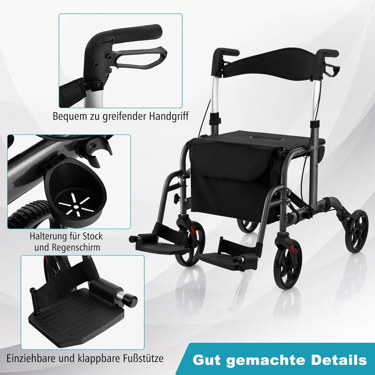 Déambulateur pliable Coast - Multifonctionnel - Hauteur réglable - Avec support pour sac et bâton - Noir