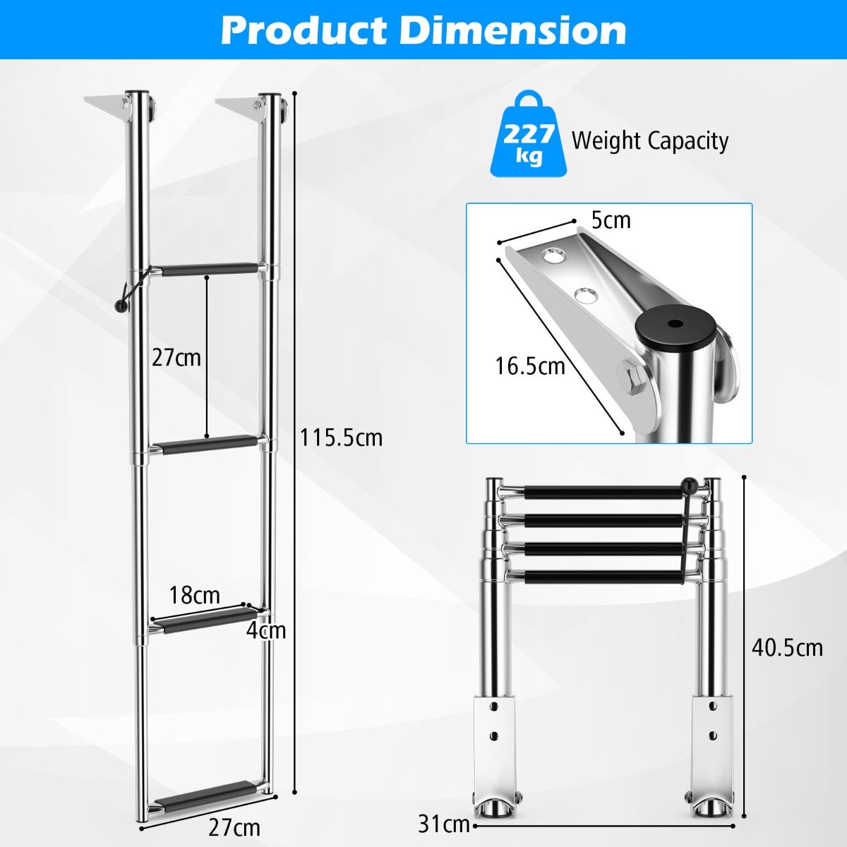 Coast Telescopic Boat Ladder 4-Stage - Anti-dérapant - Acier inoxydable - Capacité 227kg - Couleur argentée