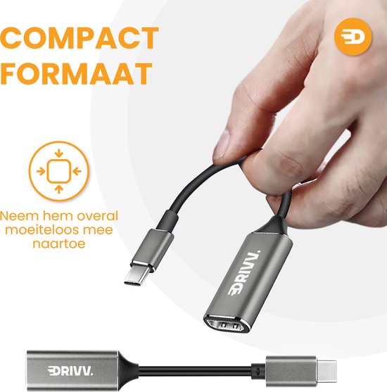 Adaptateur Drivv USB-C vers HDMI - Prise en charge de la 4K à 30 Hz - Convertisseur - Type-C vers HDMI - Thunderbolt 3 - Gris