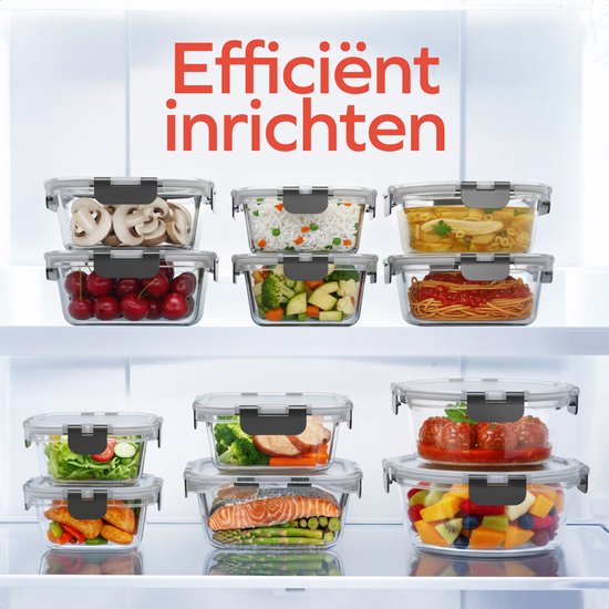 KitchenBrothers Meal Prep Trays Set - Glass Food Storage Trays - Airtight - BPA Free - Freezer Trays - Storage Trays - 6.79L - Glass - 12 Pieces