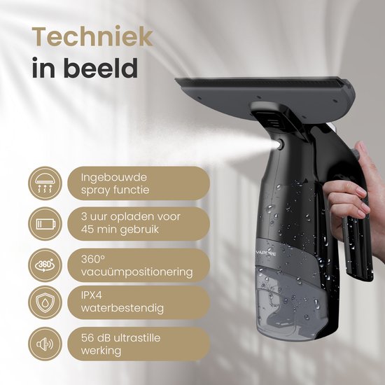 Nettoyeur de vitres électrique Vapore - Incl. Savonneuse - avec fonction de pulvérisation intégrée - Raclette pour vitres - Aspirateur à vitres - Incl. Chiffon en microfibre - Noir