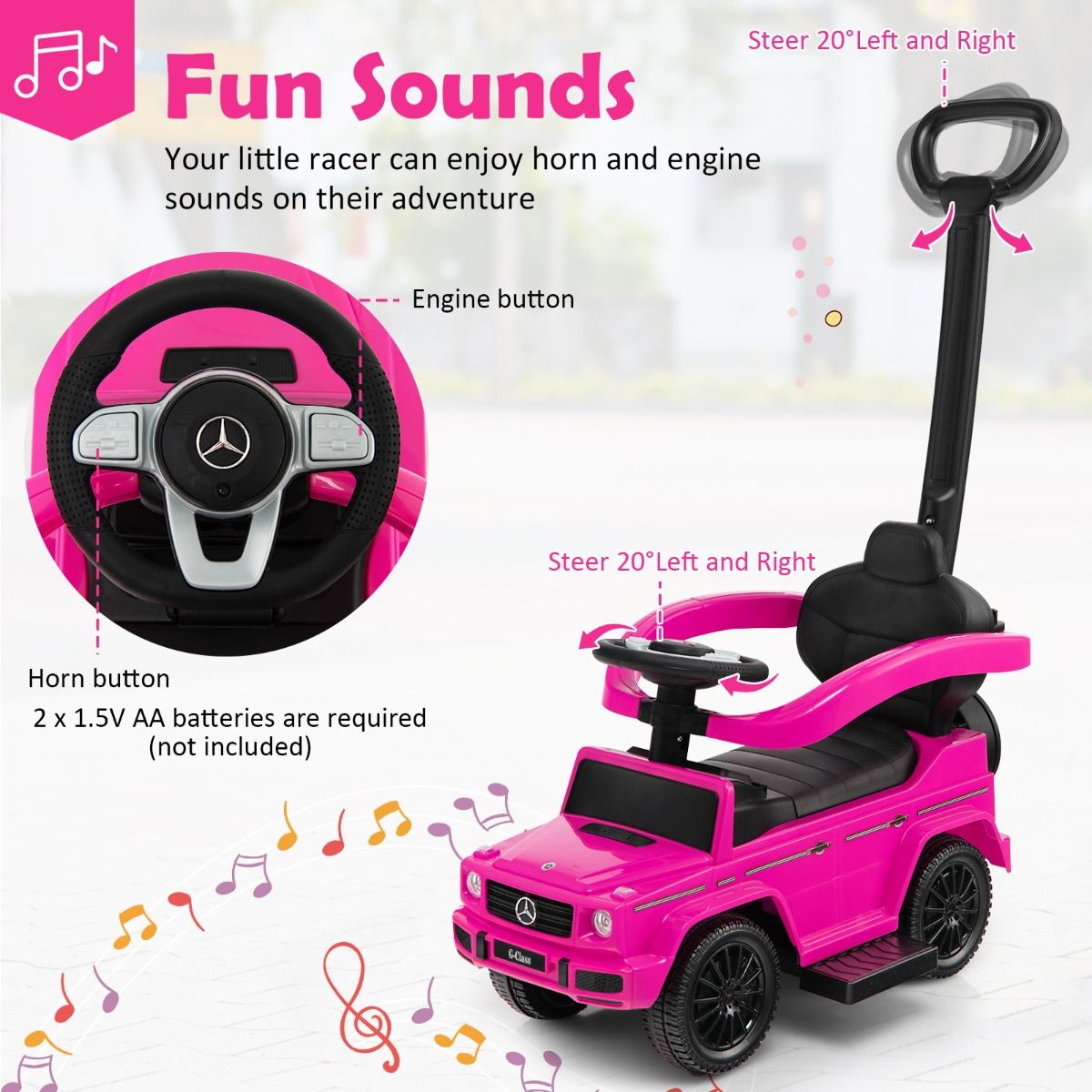 Voiture à pédales Coast Mercedes Benz pour enfants - poussette et déambulateur 3-en-1 - pare-soleil réglable - rose