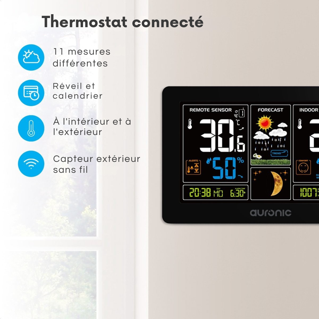Station météo - Auronic - Sans fil - Intérieur et extérieur - avec capteur - Portée 60M - Noir