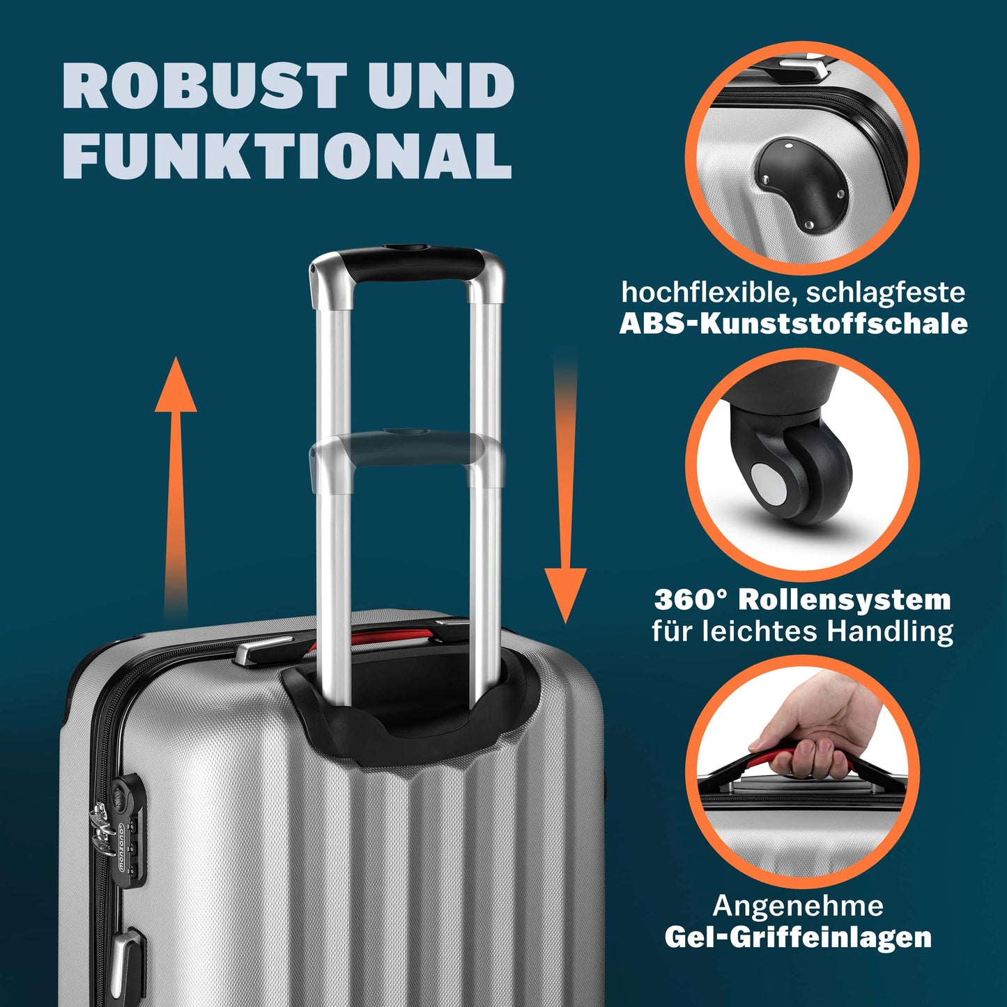 Valise rigide XL - 90 L - Roulettes à 360° - ABS - Argent