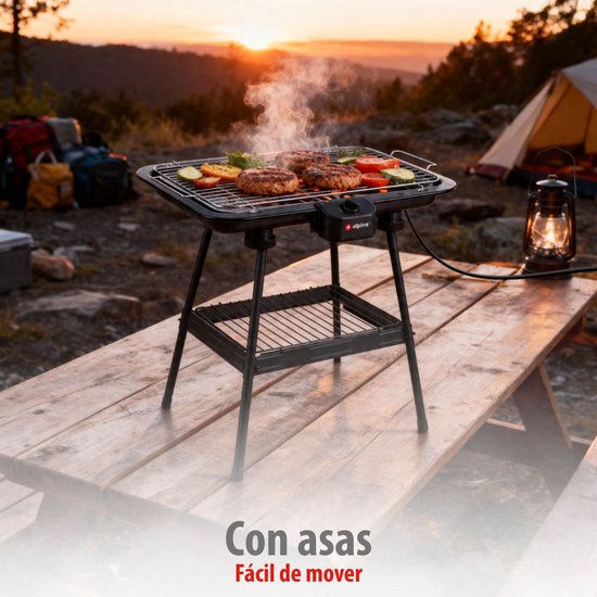 Barbecue électrique Alpina 2-en-1 2200 W - Barbecue électrique de table avec thermostat - Gril électrique avec fonction de maintien au chaud - Gril électrique de table avec grille réglable - 51 x 30 cm - Noir
