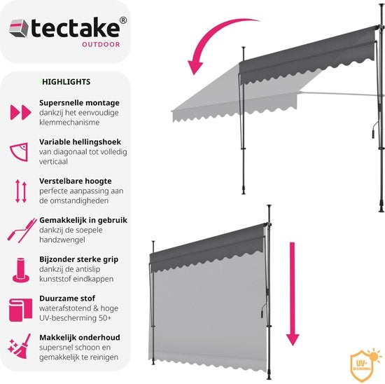tectake - store à pinces - parasol - store - réglable - store à pinces - parasol balcon - 300 x 180 cm - noir gris - store - 404965