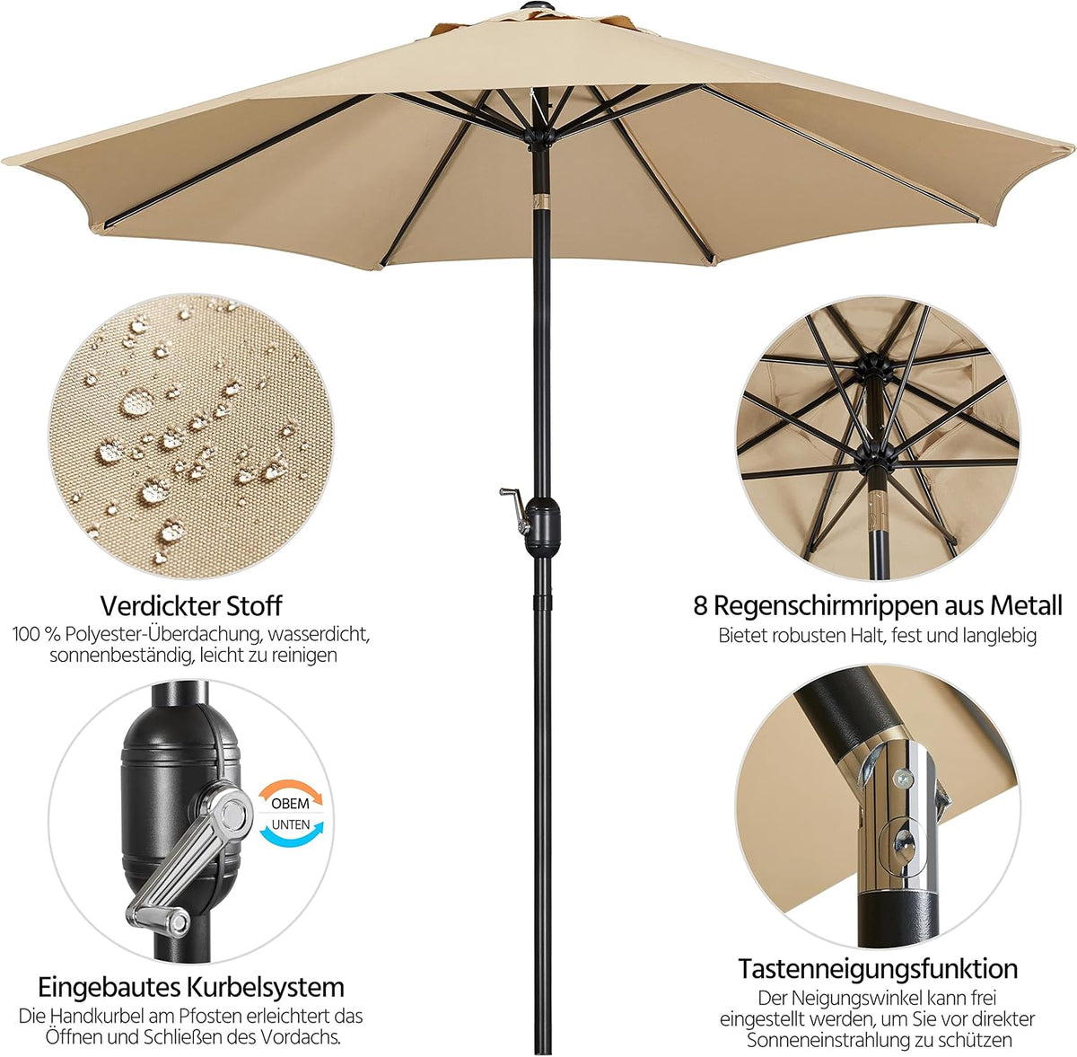 Parasol Yaheetech 270 cm - Pliable et inclinable - Avec tige pivotante - Polyester