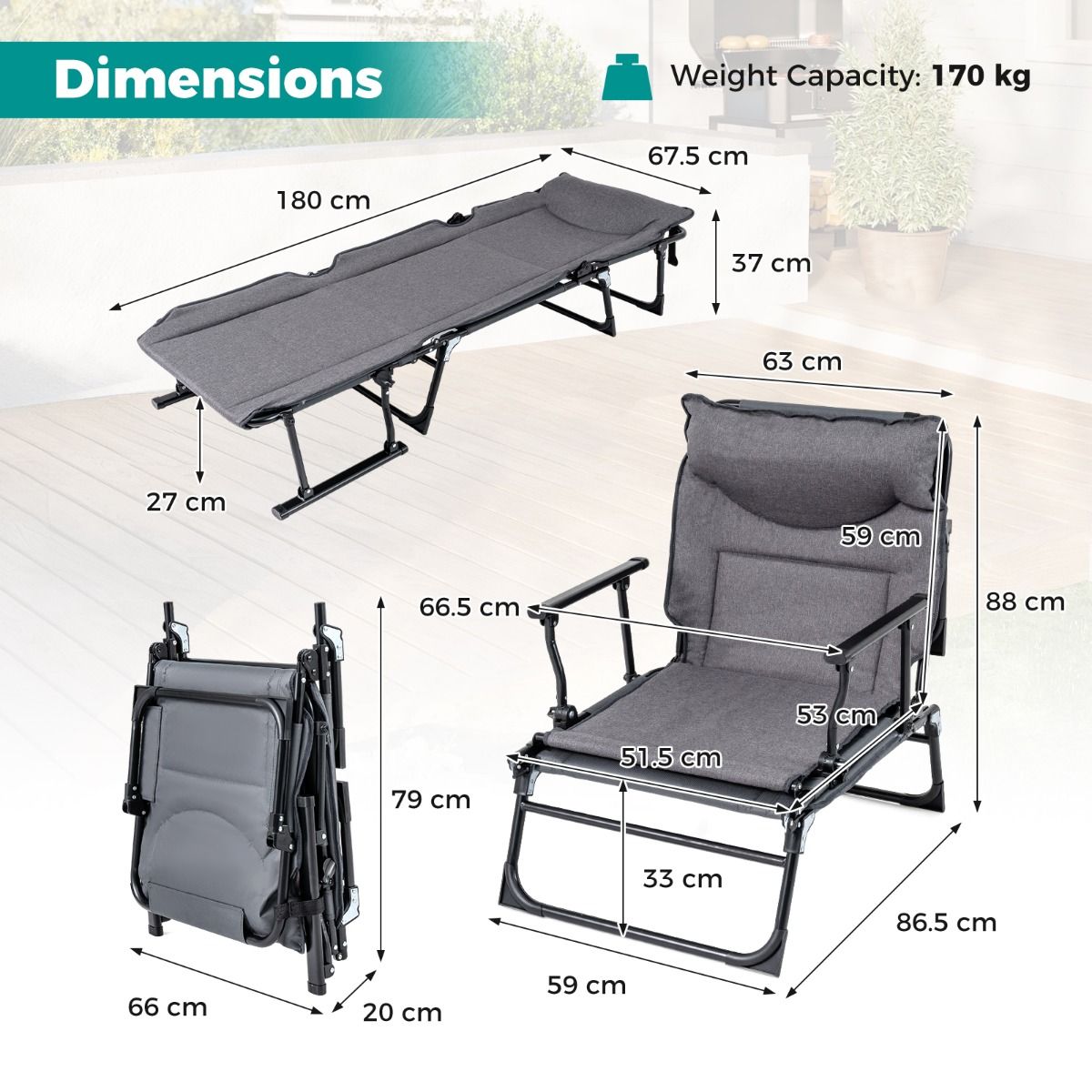 Lit de camping pliable Coast 3-en-1 - dossier réglable - appui-tête - gris et noir
