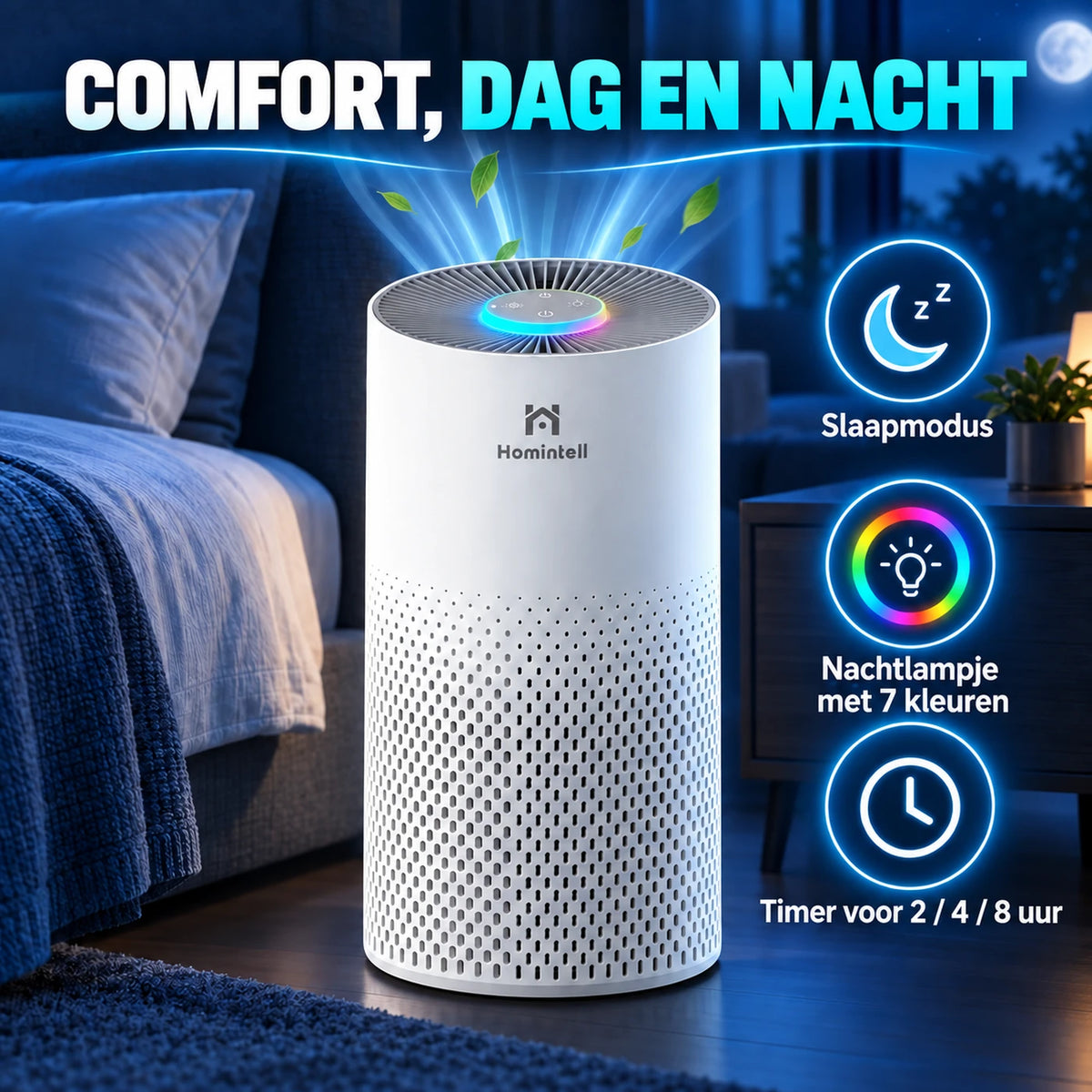 Purificateur d'air Homintell Kilo - HEPA H11 et charbon actif - 130 m³/h - 16 m² - 3 vitesses - Capteur PM2,5 - Commande tactile - 195 × 195 × 388 mm