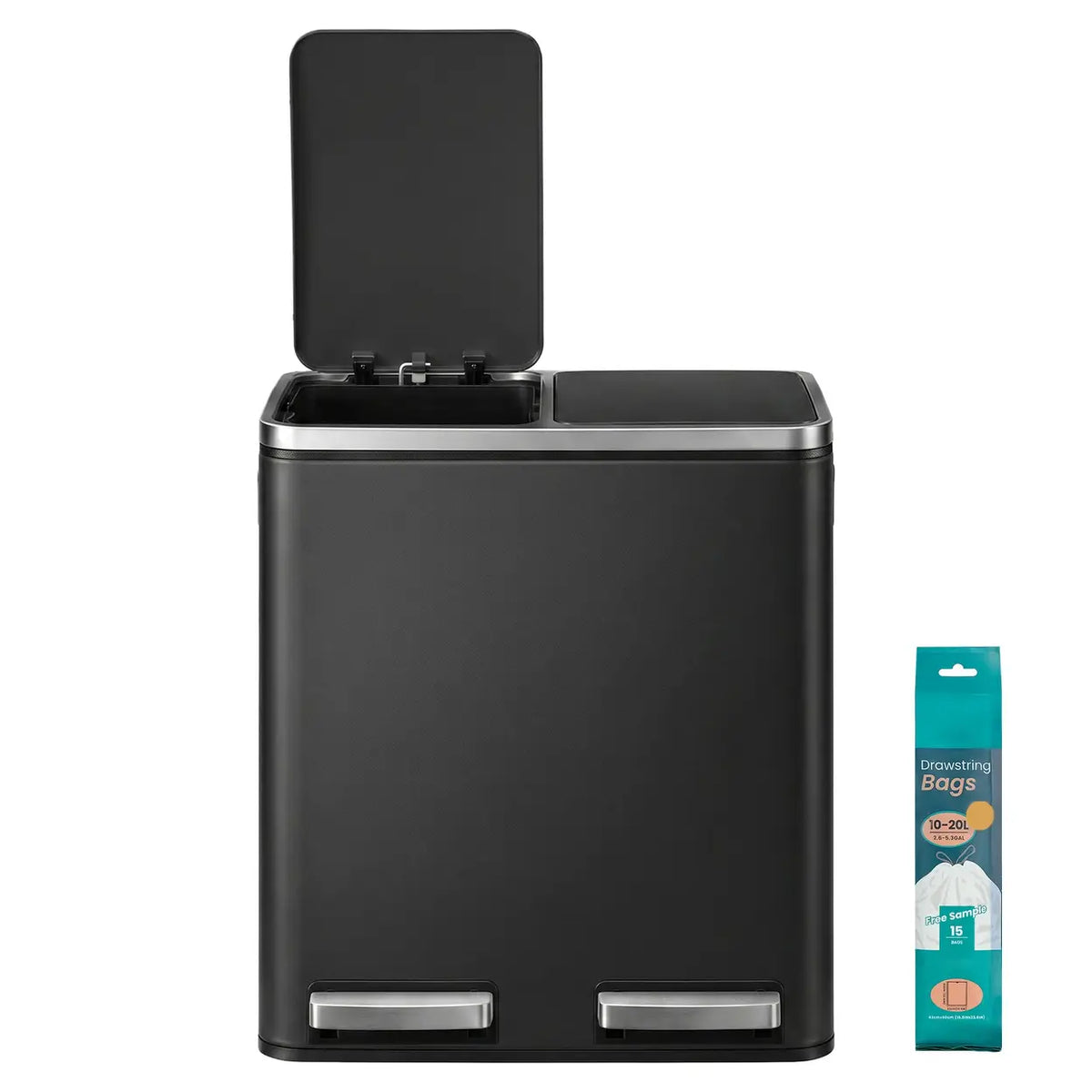 Poubelle à double pédale Joyfurnos - Noire - 2 x 15 litres - Couvercle à fermeture douce - Acier - 41,8 x 35,9 x 44,5 cm