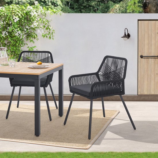 Chaise de jardin 2 pièces Kastos avec corde en maille - Noir - Coussin de siège inclus