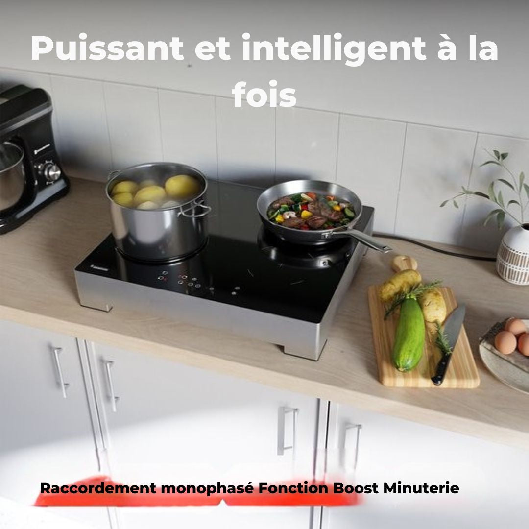 Table de cuisson à induction KitchenBrothers - autoportante - 60 cm - 4 zones - 1 phase - jusqu'à 2400W - Argent/RVS