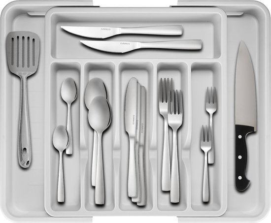 Deleca Range-couverts coulissant avec 8 compartiments - Range-couverts pour tiroir - Range-couverts pour tiroir de cuisine - Porte-couverts pour la cuisine - 57 x 38 cm - Plastique / Blanc Gris