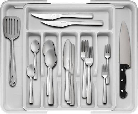 Deleca Range-couverts coulissant avec 8 compartiments - Range-couverts pour tiroir - Range-couverts pour tiroir de cuisine - Porte-couverts pour la cuisine - 57 x 38 cm - Plastique / Blanc Gris