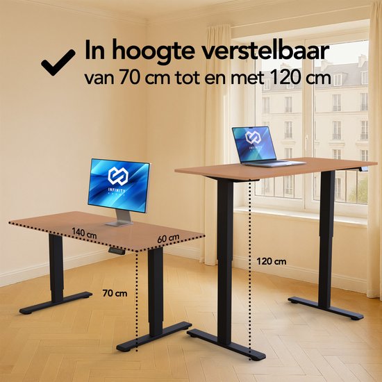 Bureau assis-debout Infinity Goods à réglage électrique - 140 x 60 cm - Fonction mémoire - Couleur bois