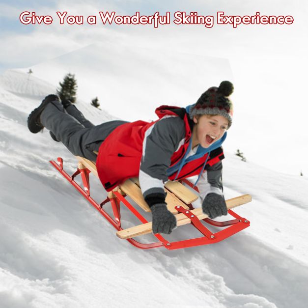 Coast Wooden and Steel Sled with Skates and Handlebar - 137x58x16 cm - Couleur rouge et bois - Pour adultes et enfants à partir de 5 ans - Capacité de charge maximale de 150 kg
