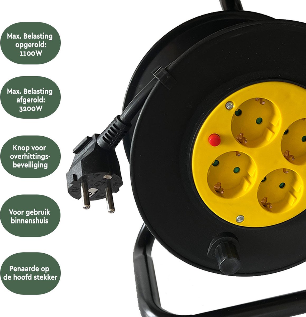 BRASQ Cable Reel Pro - 4-fold - Black - 10 Metres - Enrouleur de câble d'extension - Câble d'extension - Avec mise à la terre - Pour l'intérieur