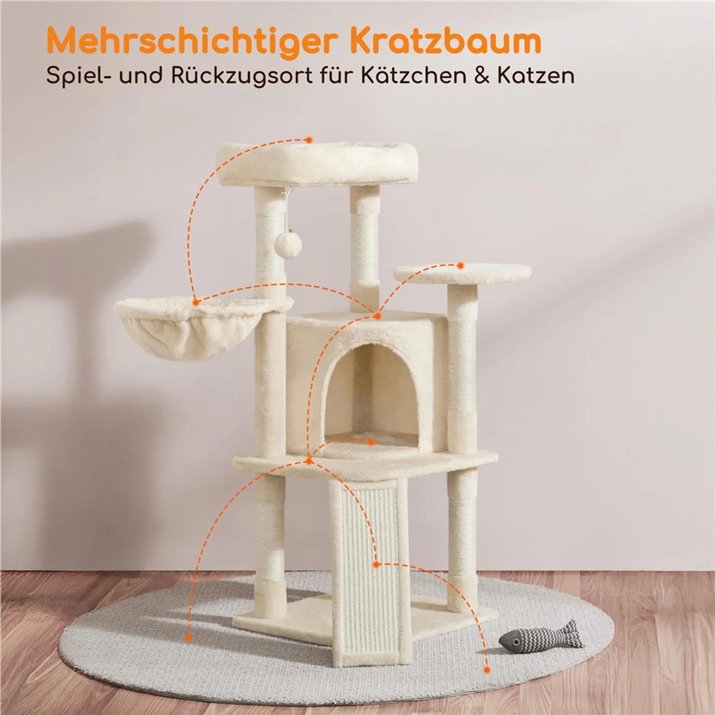 Yaheetech Griffoir moyen - 43,5 x 43,5 x 106 cm - avec plateforme d'observation généreuse, hamac et panier à chat avec 5 tiges en sisal - pour chatons et chats de taille moyenne - peluche beige et panneau d'aggloméré