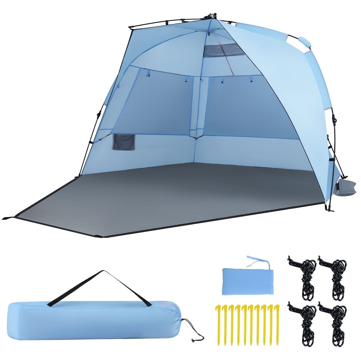 Tente de plage pop-up Coast pour 3-4 personnes - Gris/Bleu - 278 x 140 x 142 cm - Sac de transport, piquets et sacs de sable inclus