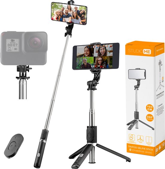 Studio ME Selfie Stick Universal - Trépied - Convient pour téléphone et caméra d'action - 100 cm - Selfie Stick - Rotation à 360° - Télécommande Bluetooth - Support de téléphone