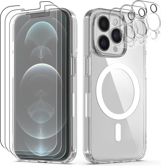 Podec Magsafe Case Suitable for iPhone 12 Pro Max - With 3x Screen Protector + 3x Camera Protector - Magnetic with Ring Transparent - Phone Case Transparent Case
