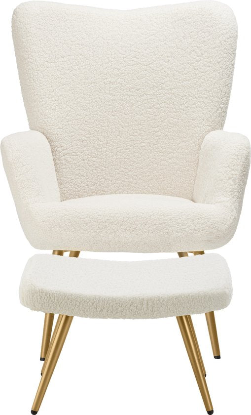 tectake® Fauteuil de style scandinave - Avec pouf - Teddy chair Hygge - Chaise pour le salon, la chambre - Chaise longue - Pieds en métal doré - Capacité jusqu'à 150 kg - Crème