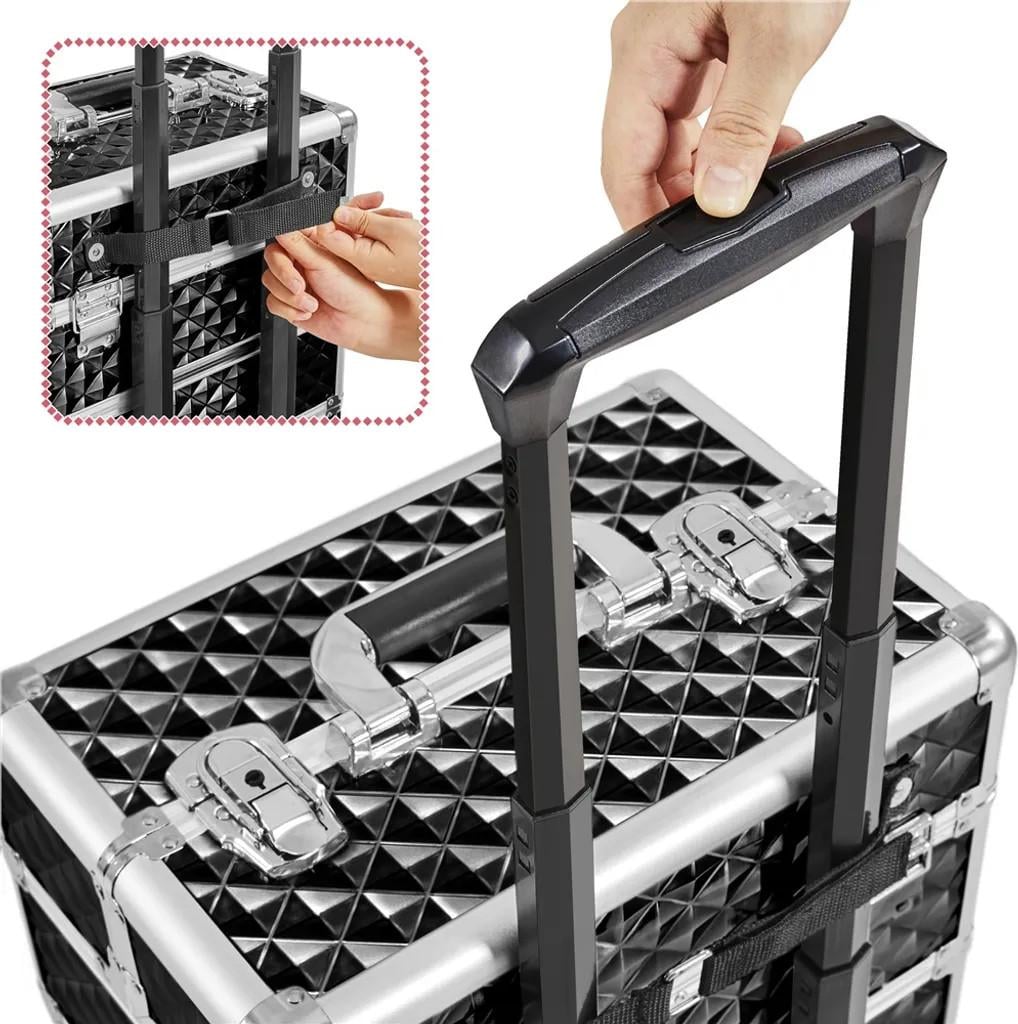 Valise à roulettes 3-en-1 pour produits cosmétiques avec compartiments amovibles et poignée télescopique, noire