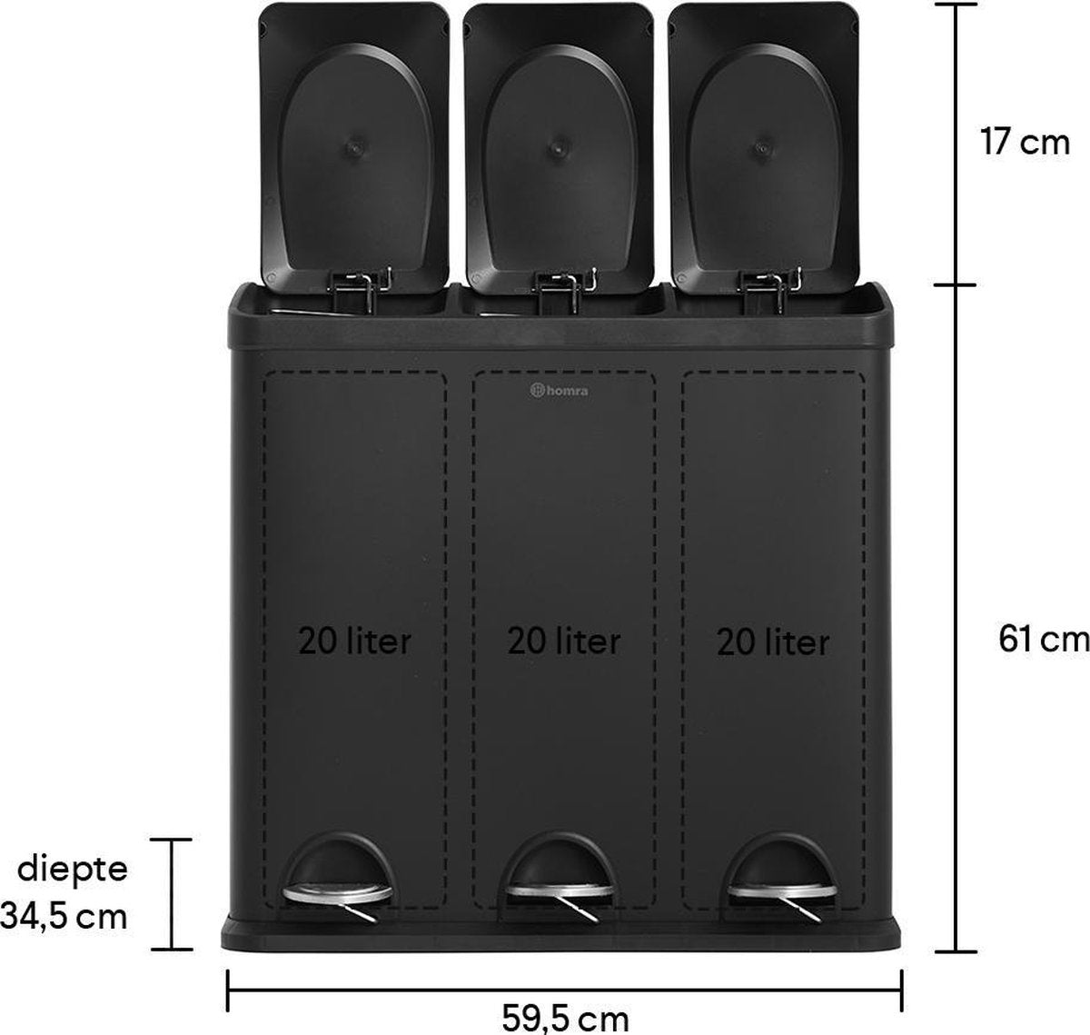 Poubelle a 3 compartiments - Homra MAXER - Poubelle 60 litres (3x 20L) - Noir