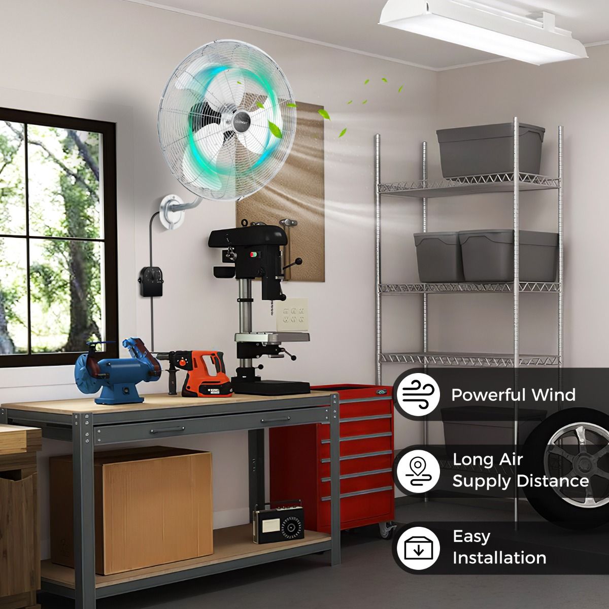Ventilateur mural industriel Coast Ø 56 cm - Argent - 3 vitesses, 85° d'oscillation, 30° d'inclinaison