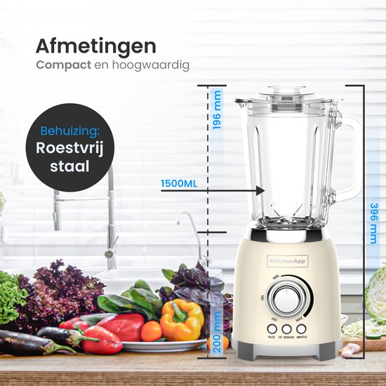 KitchenApp Retro Blender 1.5L - Cruche en verre - 800W - Glace pilée, Smoothie & Pulse - Beige