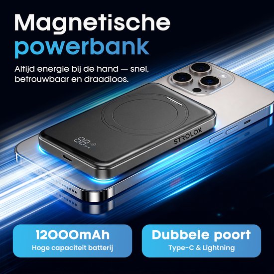 Batterie externe Strolox - 12 000 mAh - Compatible avec le système MagSafe - Batteries externes sans fil - Chargeur rapide - Kit d'urgence - Avec support