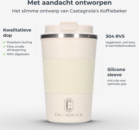Mug thermos Castagnola - Tasse à café à emporter - Mug de voyage pour le café et le thé - Mug à thé - 380 ML - Acier inoxydable - Blanc cassé