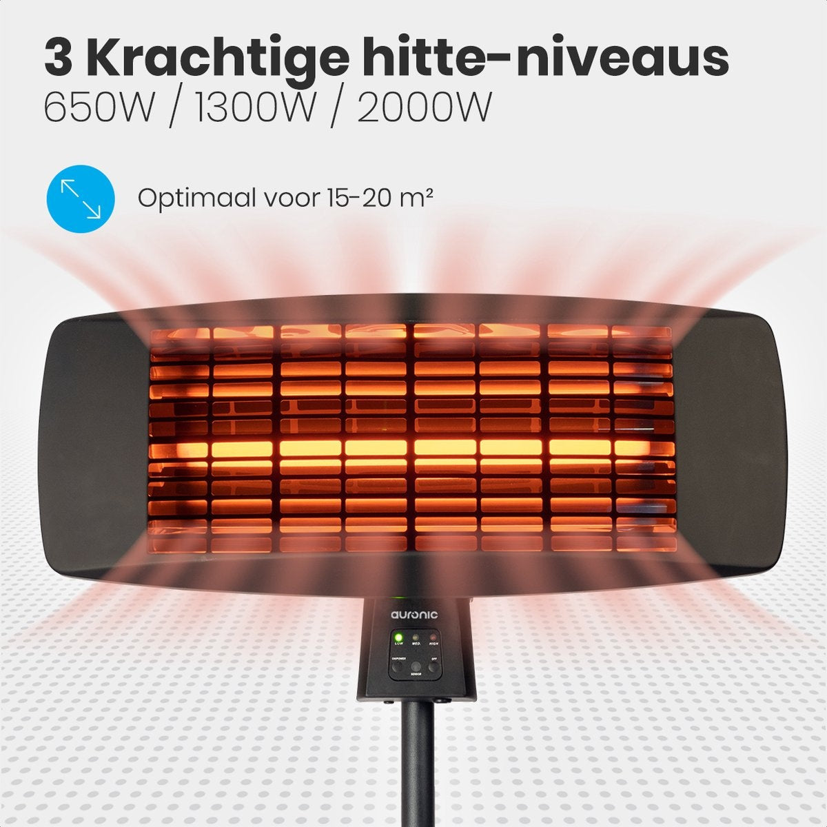 Chauffage de terrasse - Auronic - Électrique - 2000W - Télécommande incluse - 3 niveaux - Noir
