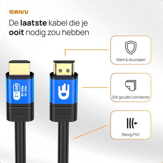 Câble HDMI Drivv. Premium 2.1 - Ultra HD haute vitesse 8K - HDMI vers HDMI - Compatible avec les consoles de jeux - 10 mètres - Bleu