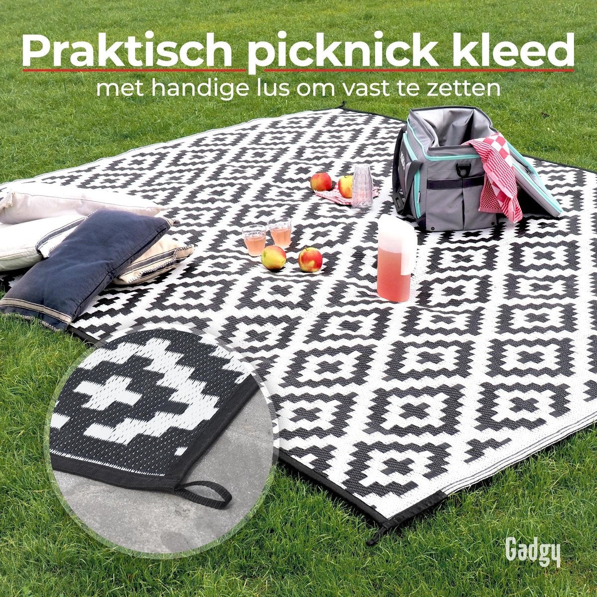 Gadgy Buitenkleed Vloerkleed Buiten XXL - 270x200 cm - Tuintapijt Dubbelzijdig - Picknickkleed Zwart Wit - Buitentapijt