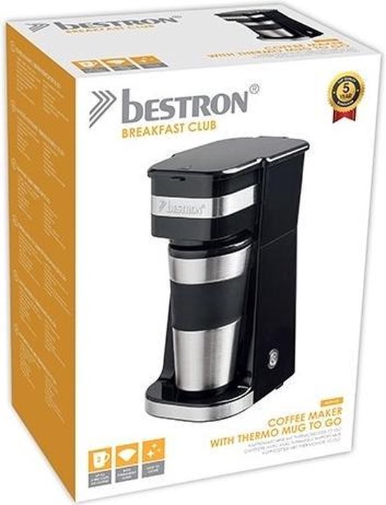 Cafetière à filtre Bestron 750 W - ACM112Z - 0,42 L, 2 grandes tasses - Adaptée au camping - Tasse isotherme - Garantie 5 ans
