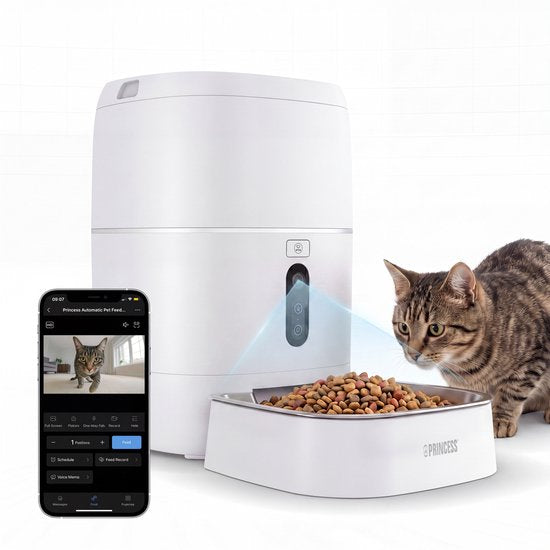Mangeoire automatique Princess - Caméra HD et fonction intelligente - 6 litres – Chat et chien – Commande via application – Repas programmables – Bol en acier inoxydable – Batterie de secours – Distributeur automatique de nourriture – 610065