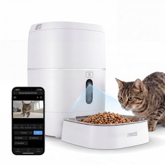 Mangeoire automatique Princess - Caméra HD et fonction intelligente - 6 litres – Chat et chien – Commande via application – Repas programmables – Bol en acier inoxydable – Batterie de secours – Distributeur automatique de nourriture – 610065