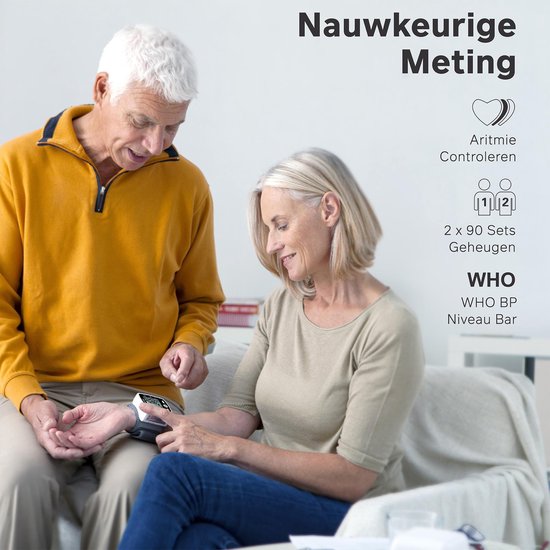 Bintoi® BXE100 - Tensiomètre de poignet - Cardiofréquencemètre - Rechargeable par USB - Étui de rangement inclus - 2 utilisateurs