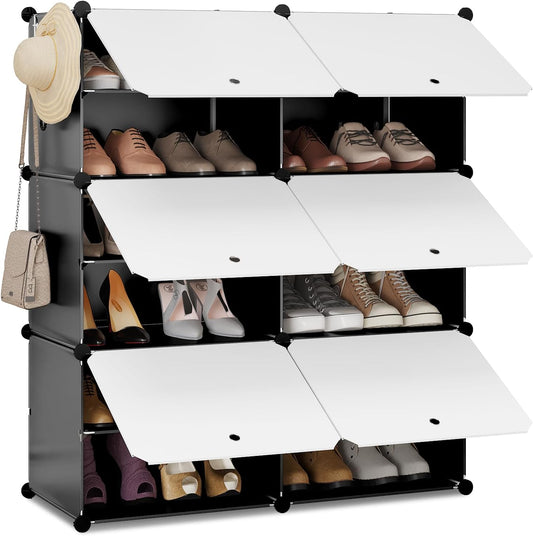 Étagère à chaussures Woltu à 6 compartiments - Meuble de rangement pour 24 paires de chaussures - Blanc/Noir - 94 x 36,5 x 109 cm
