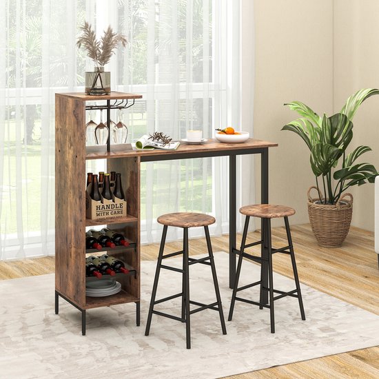 Table de bar Coast avec tabouret de bar, ensemble pour 2 personnes, avec porte-verres à vin et porte-bouteilles, comptoir pour le salon, la salle à manger et la cuisine (couleur café)