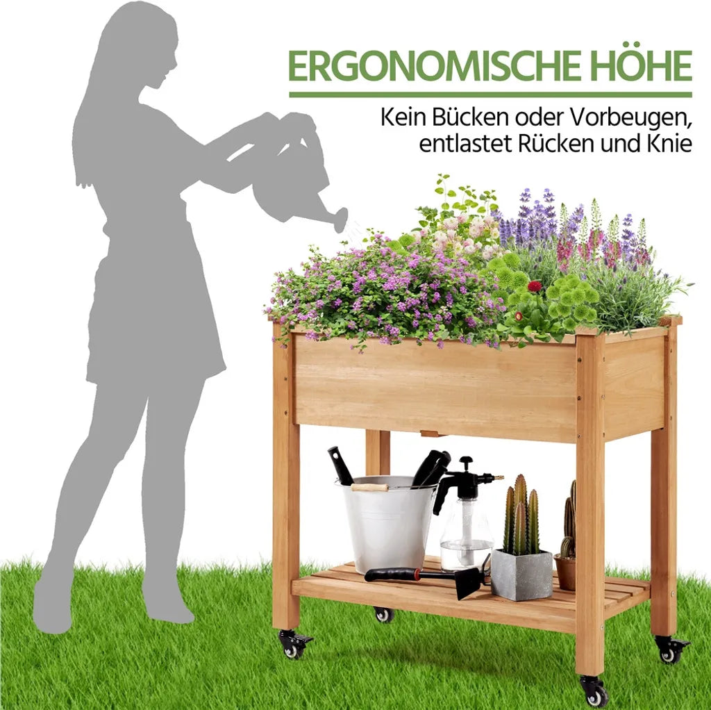 Yaheetech : bac à plantes surélevé à roulettes 87 x 47 x 83,5 cm - Marron clair - Bac de culture en bois avec étagère de rangement