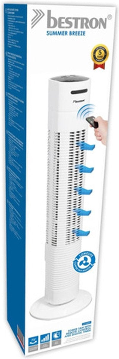 Bestron Torenventilator met aftstandsbediening, Ventilator met 3 snelheidsstanden & 75° graden draaifunctie, incl. Timer, hoogte: 78 cm, 35W, AFT770WRC, kleur: wit
