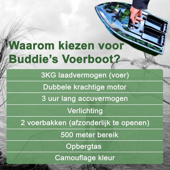 BUDDIE'S® Feedboat - Charge utile 3KG - 2 Feeders - Eclairage - Portée 500 mètres - Sac de rangement - Feedboat Carpe - Baitboat - Pêche à la carpe