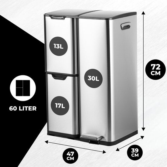 Bayt Poubelle - Poubelle 60 litres - Poubelle 60 litres - Poubelle à pédale 60 litres - Poubelle tri sélectif - Poubelle 3 compartiments - Poubelle - inox - Silver