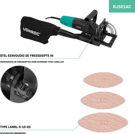 VONROC Flap cutter 900W - Dowel cutter - Inclus 50 lames (taille 20) et sac de collecte des poussières