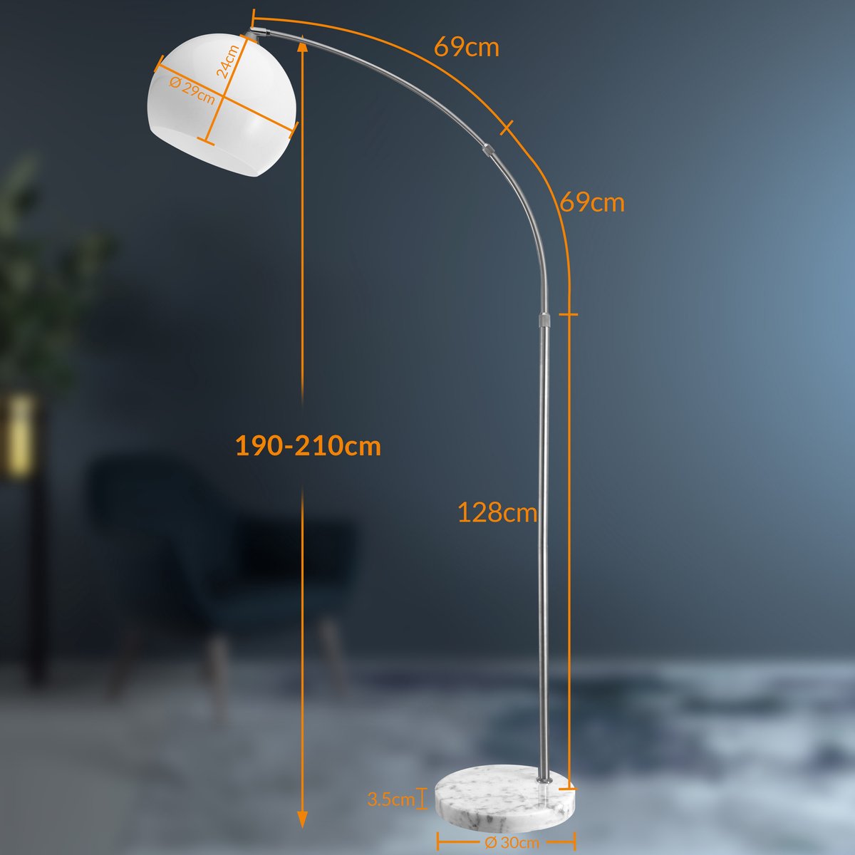 Monzana Retro Design Arc Lamp - Lampadaire - Ajustable 190-210 cm - Opal White - Silver