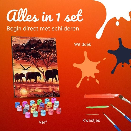 Rubye® Painting By Number Adults - Elephant Family - Pinceaux inclus - Canvas Painting canvas - Colour by Number - 40x50cm