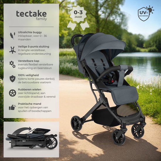 tectake® Buggy Pushchair Finn - Poussette pliante légère - Pliable et avec capote pliante - Protection solaire - Capacité de charge 15kg - Anthracite